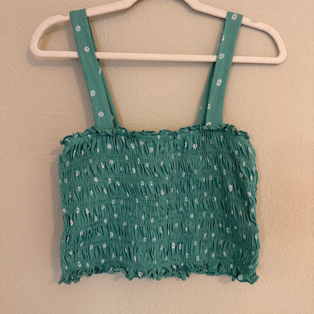 American Eagle Outfitters Cropped Top Smocked Tank Top Teal Womens